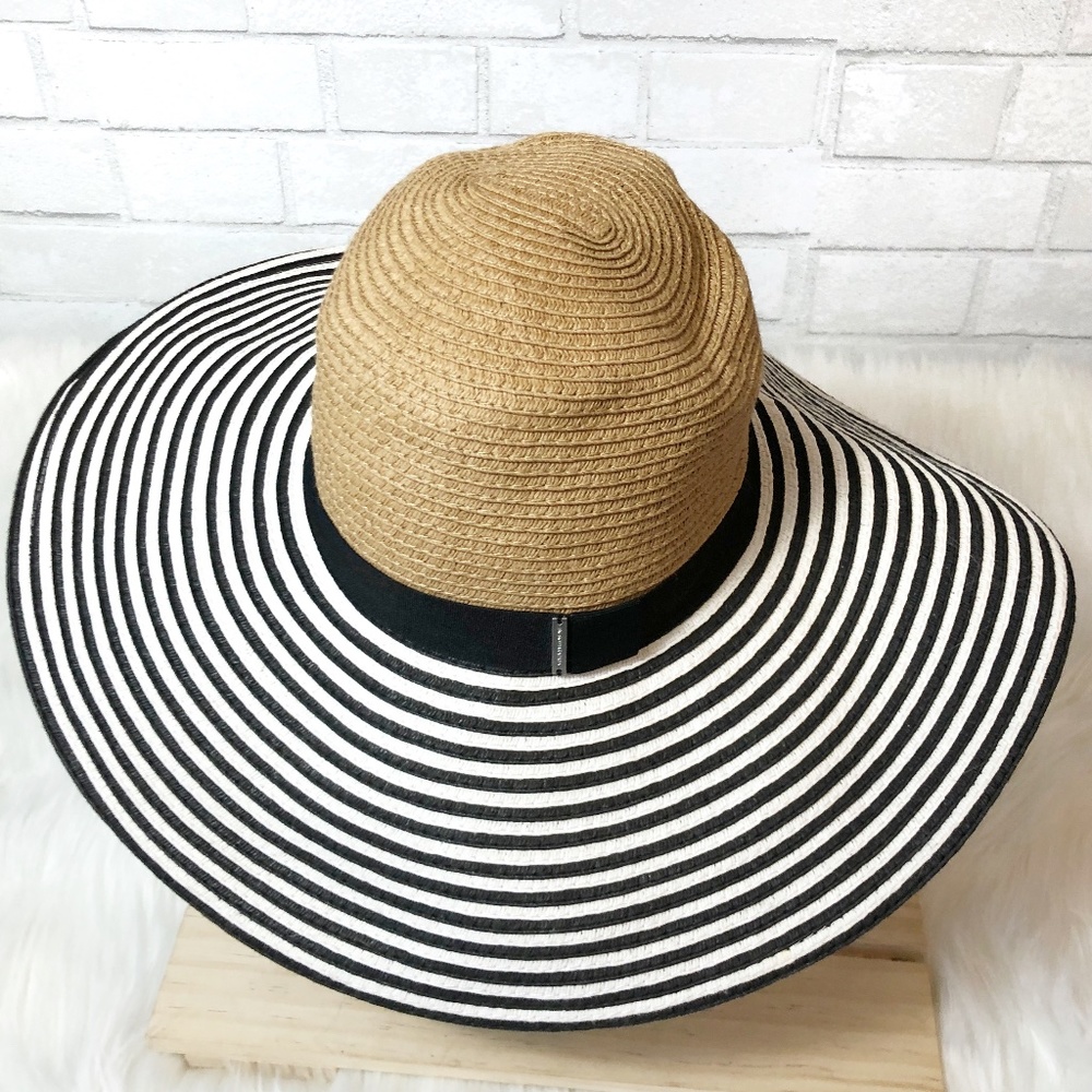 BCBG MaxAzria Black & White Striped Beige Floppy Paper Sun Beach Wide Brim Hat